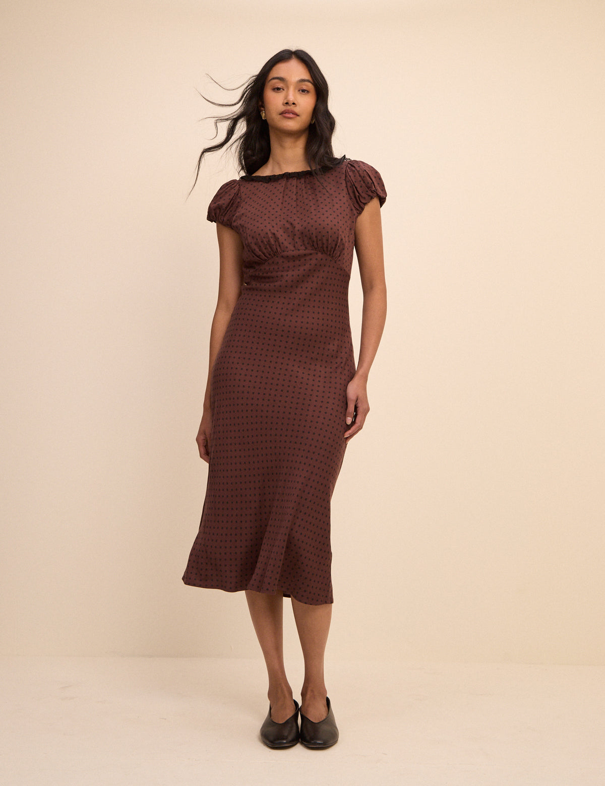 Petite Brown Polka Dot Puff Sleeve Marianna Midi Dress