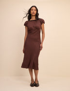 Petite Brown Polka Dot Puff Sleeve Marianna Midi Dress