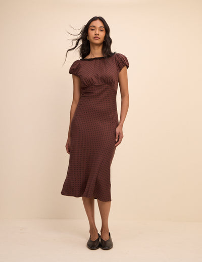 Petite Brown Polka Dot Puff Sleeve Marianna Midi Dress