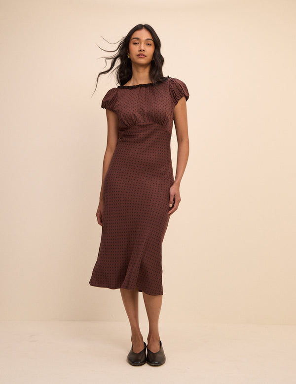 Petite Brown Polka Dot Puff Sleeve Marianna Midi Dress