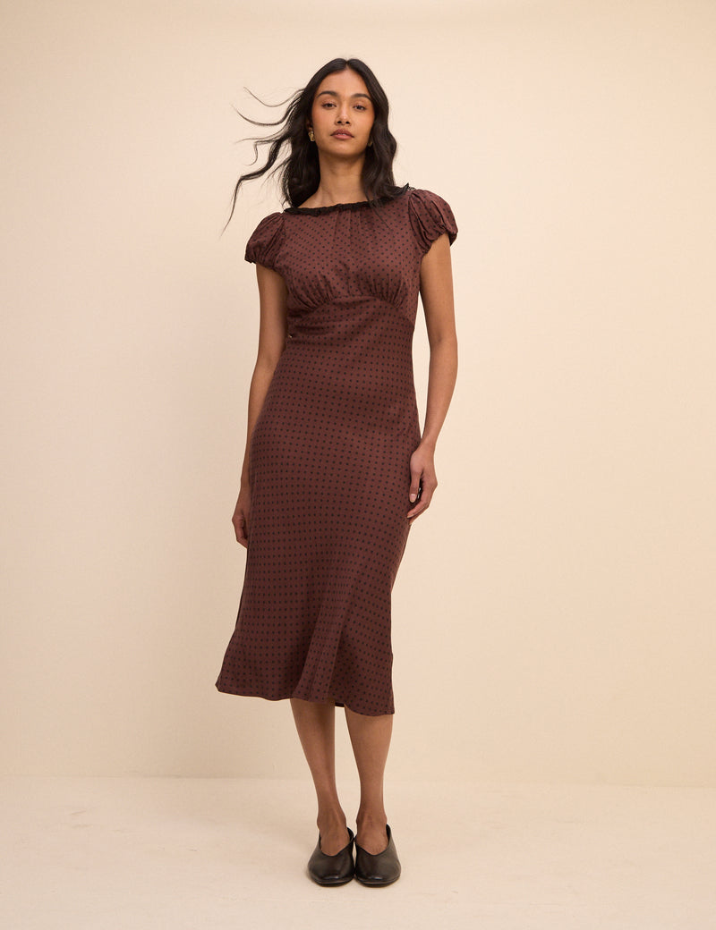 Petite Brown Polka Dot Puff Sleeve Marianna Midi Dress