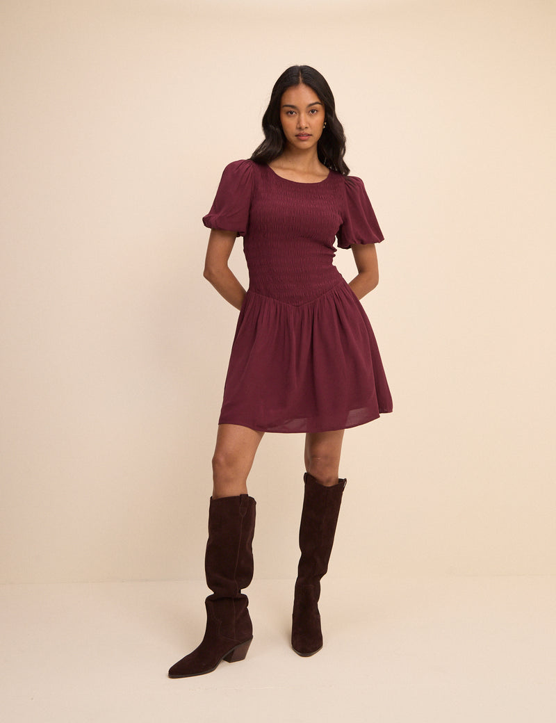 Petite Burgundy Shirred Landy Mini Dress