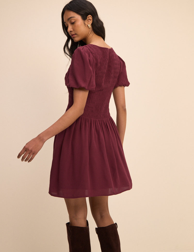 Petite Burgundy Shirred Landy Mini Dress