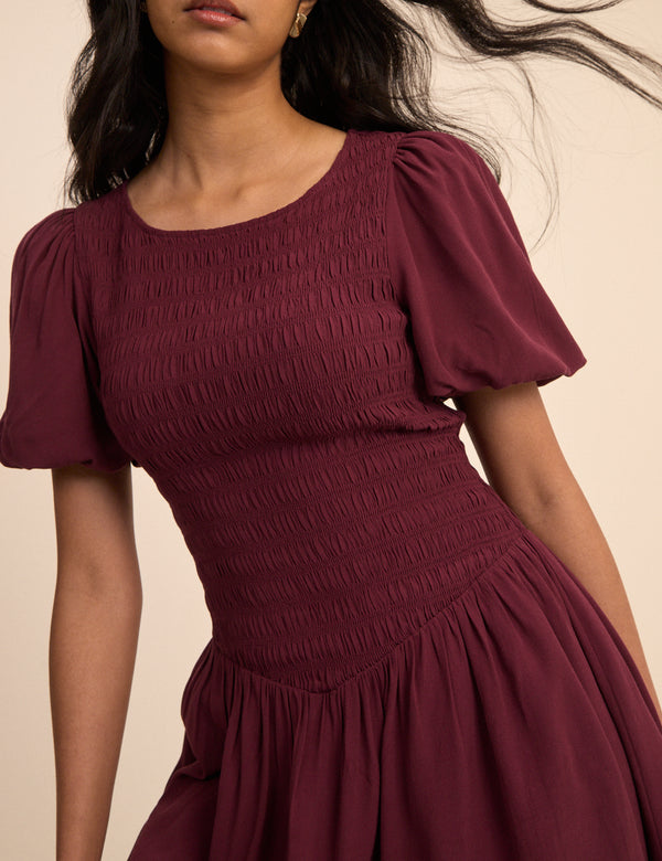 Petite Burgundy Shirred Landy Mini Dress