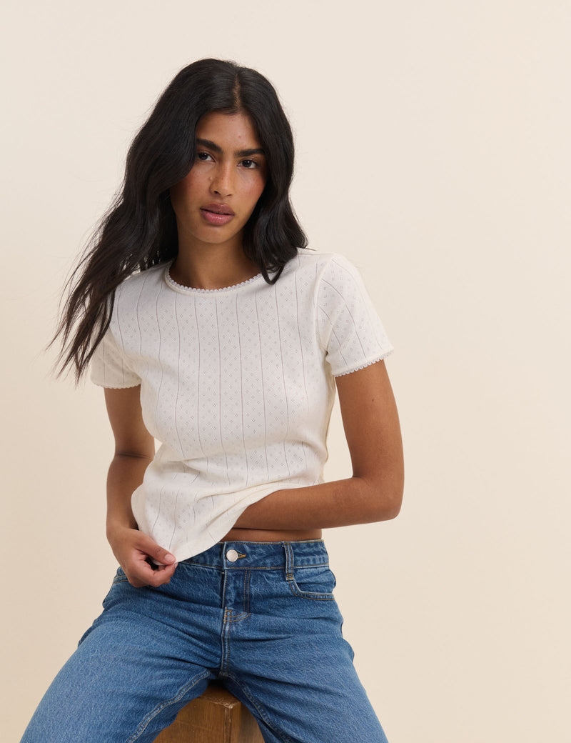 White Pointelle Lace Trim T-Shirt