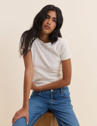 White Pointelle Lace Trim Top