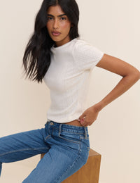 White Pointelle Lace Trim Top