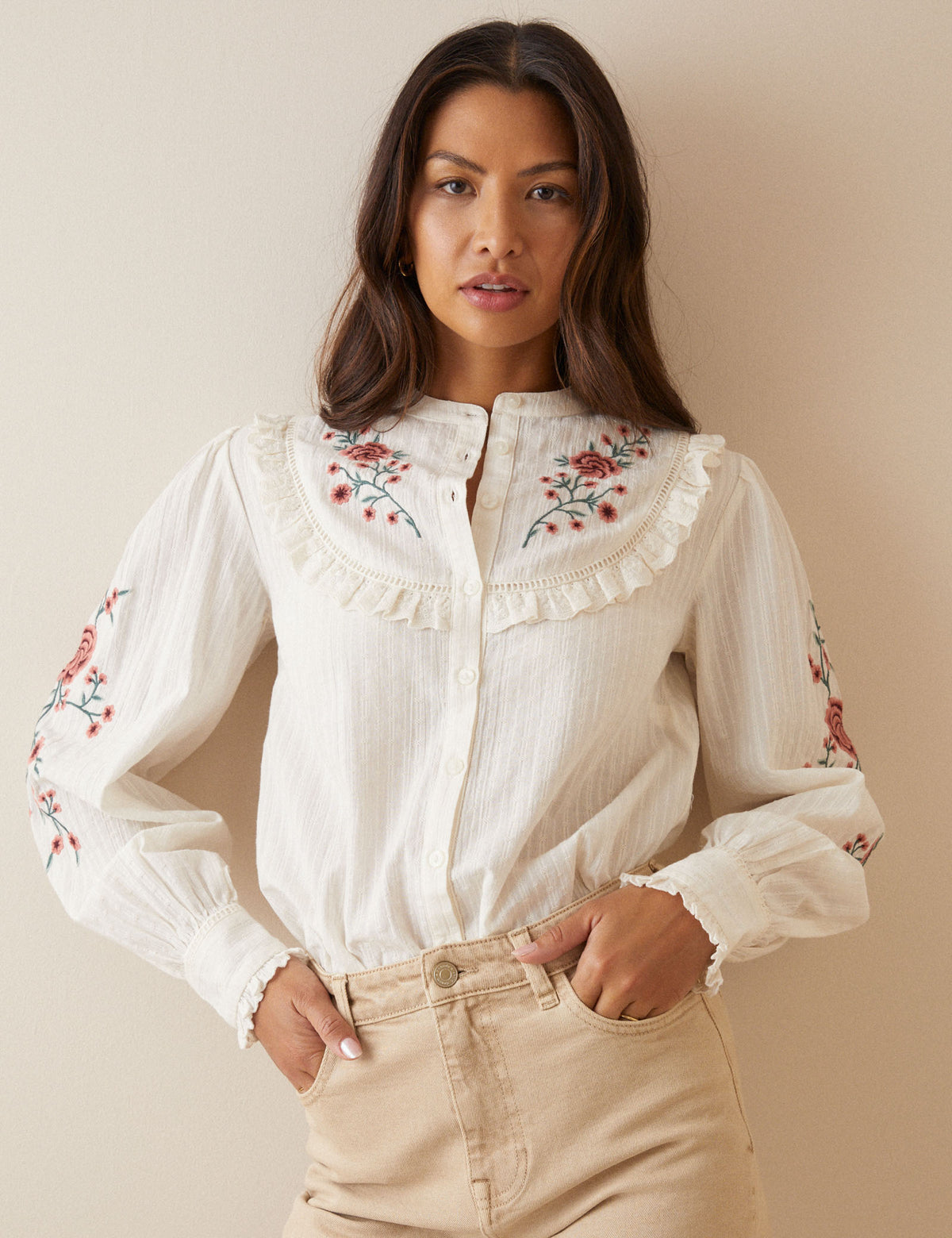 Cream Embroidered Floral Abbie Blouse