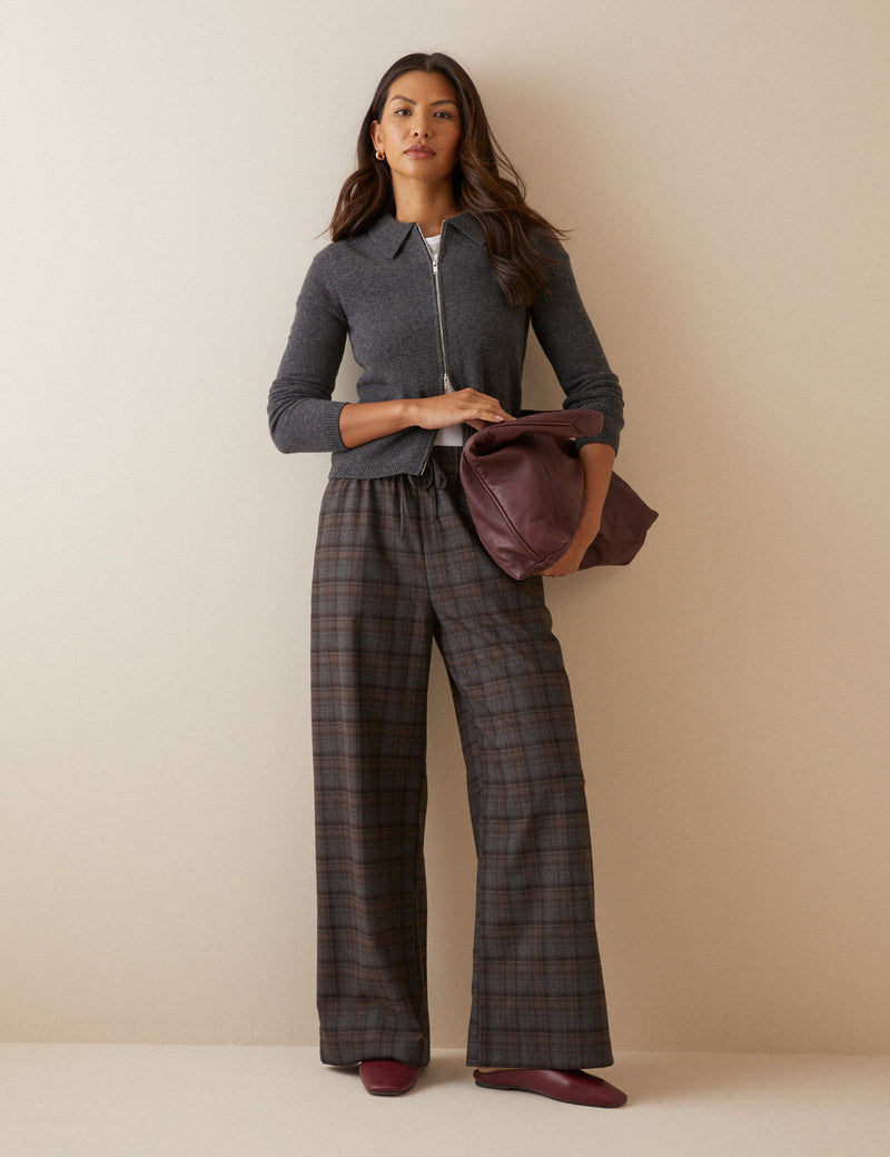 Grey Tartan Drawstring Wide Leg Trousers