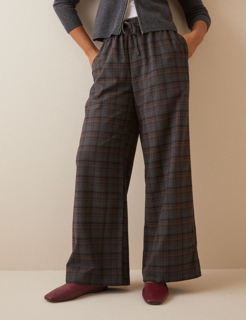 Grey Tartan Drawstring Wide Leg Trousers