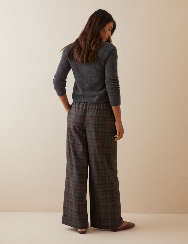 Grey Tartan Drawstring Wide Leg Trousers