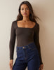 Brown Square Neck Jersey Top
