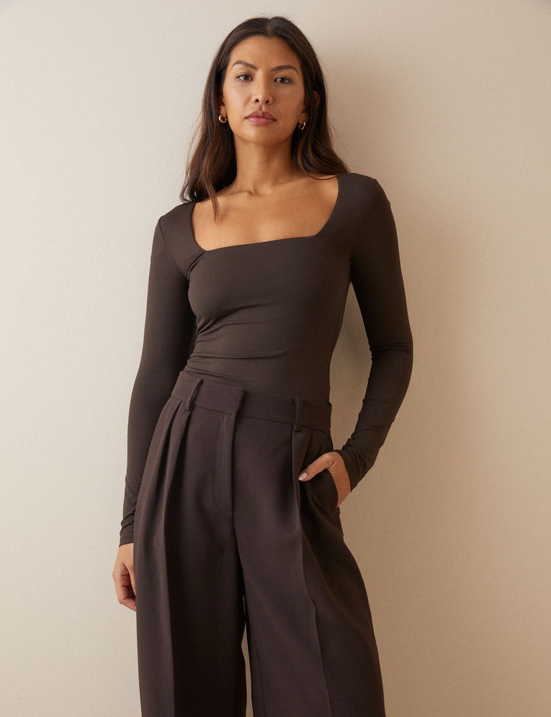 Brown Square Neck Jersey Top