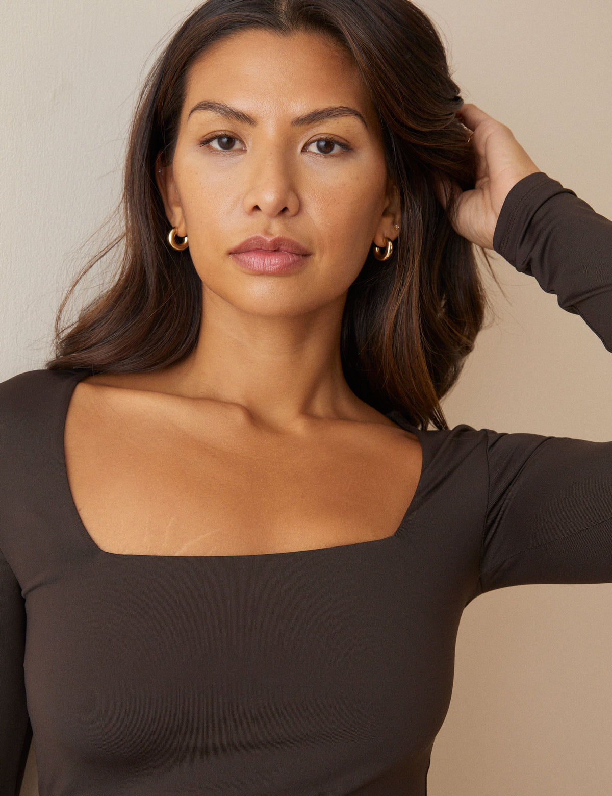 Brown Square Neck Jersey Top