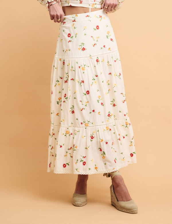NC Boutique White Embroidered Summer Midi Skirt