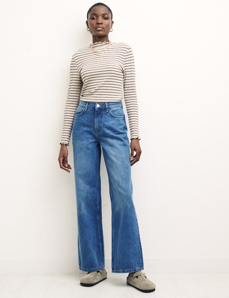 Blue Jeans Fitted Wide Leg Jeans Denim Mid Wash Wide Leg Jeans