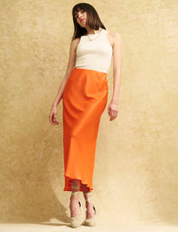 Orange Satin Slip Mila Midi Skirt