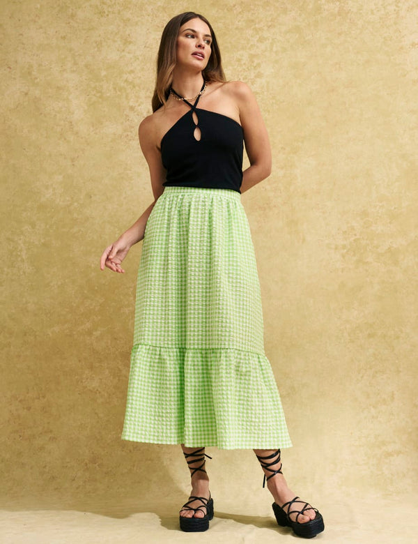 Green Gingham Check Bianca Midi Skirt