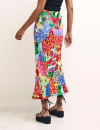 Fruit Patchwork Print Mila Satin Slip Midi Skirt