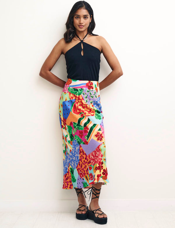 Fruit Patchwork Print Mila Satin Slip Midi Skirt