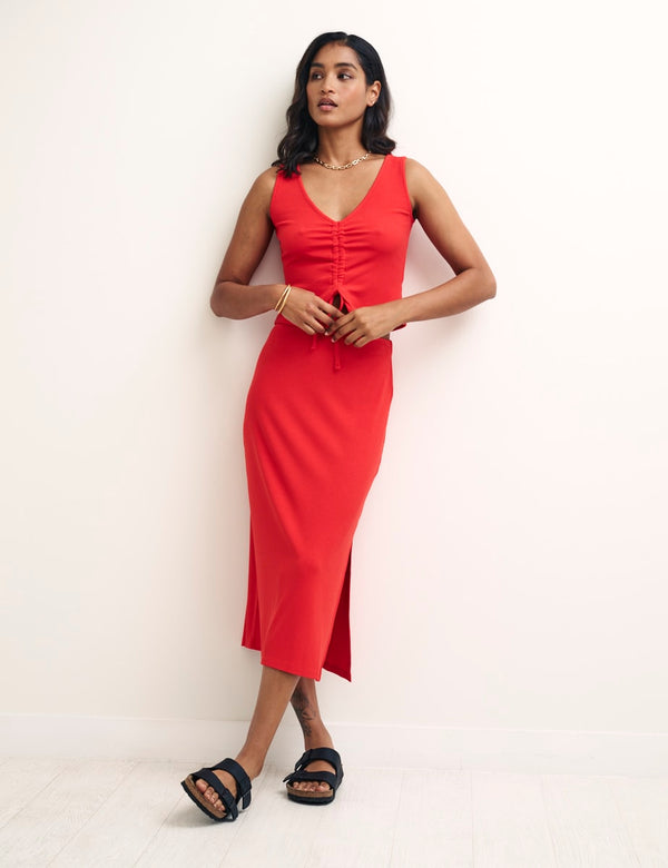 Red Side Slit Midi Skirt