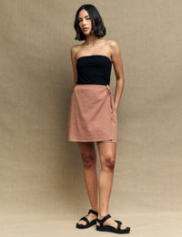 Brown Gingham Check Wrap Mini Skirt