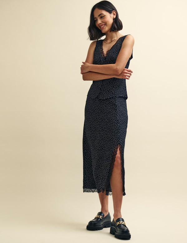 Black Spot Print Side Slit Janie Midi Skirt