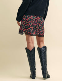 Black and Red Poppy Print Side Slit Janie Mini Skirt