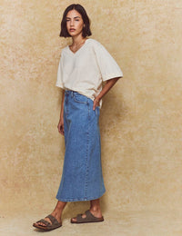 Blue Denim Front Slit Midi Skirt