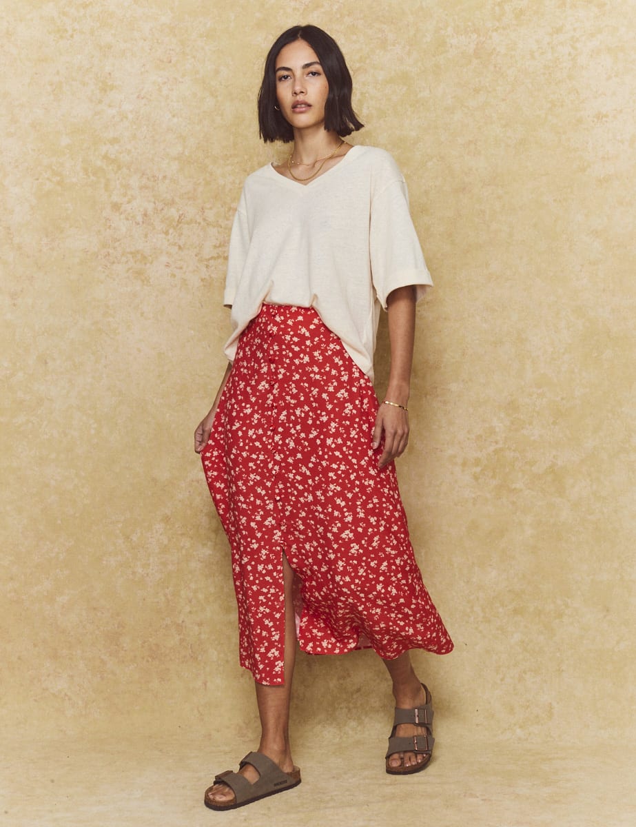 Red Ditsy Floral Sadie Midi Skirt - Main Image