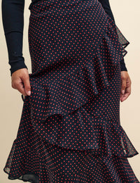 Black and Red Polka Dot Print Aurora Chiffon Midaxi Skirt
