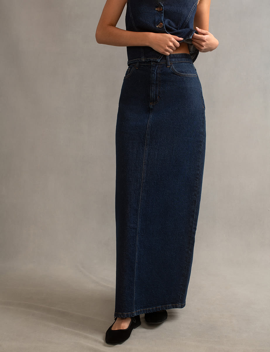 Dark Denim Back Slit Maxi Skirt - Main Image