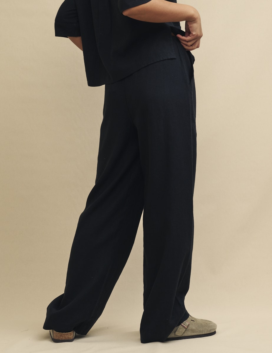 Black Linen-Blend Drawstring Trousers