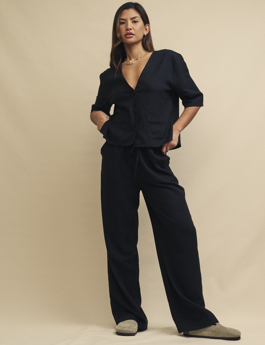 Black Linen-Blend Drawstring Trousers