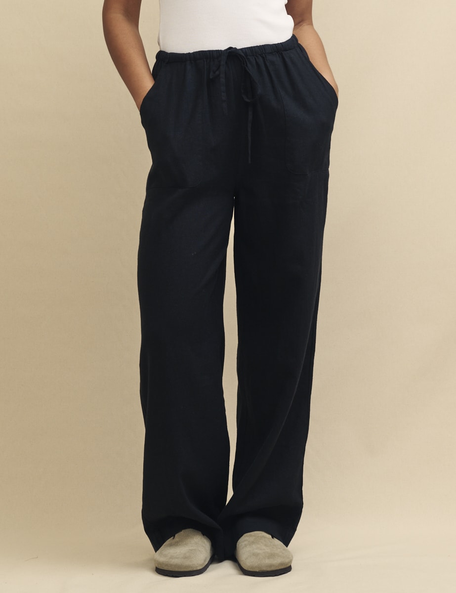 Black Linen-Blend Drawstring Trousers
