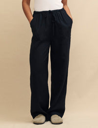 Black Linen-blend Drawstring Trousers