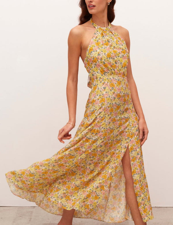 Yellow Ditsy Floral Holly Halter Midi Dress