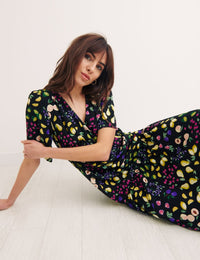 Black Fruit Print Clementine Smock Wrap Dress