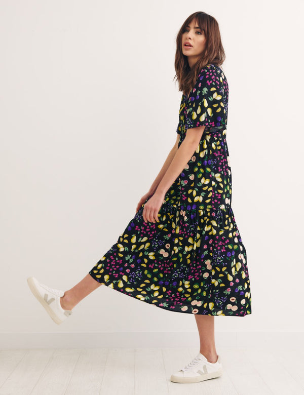 Black Fruit Print Clementine Smock Wrap Dress