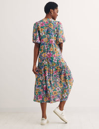 Multi Big Floral Valentine Bubble Sleeve Wrap Dress