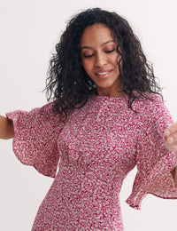 Pink Ditsy Floral Eva Flutter Sleeve Midi Dress