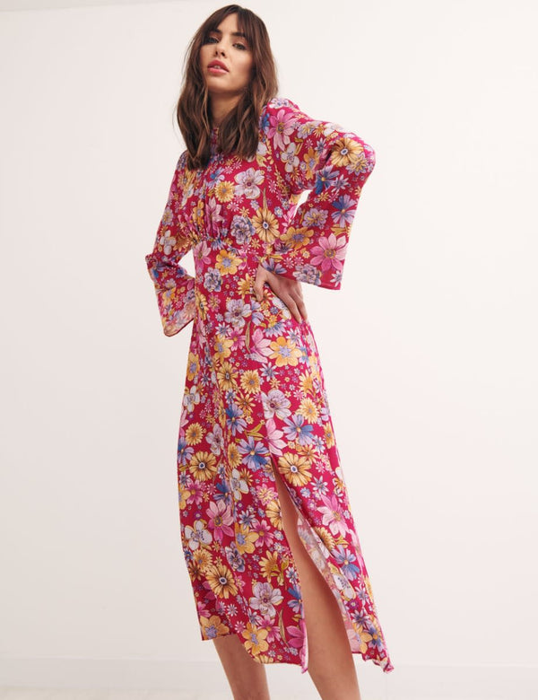 Pink Big Floral Tula Midi Dress