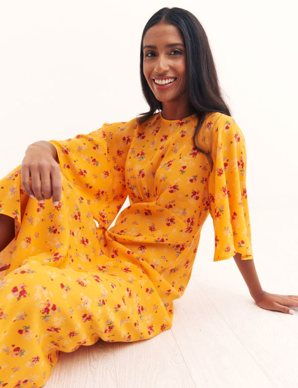 Orange Big Floral Eva Midi Dress