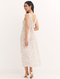 Cream Pink Big Floral Helena Midi Dress
