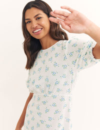 White Ditsy Floral Short Sleeve Selena Midi Dress