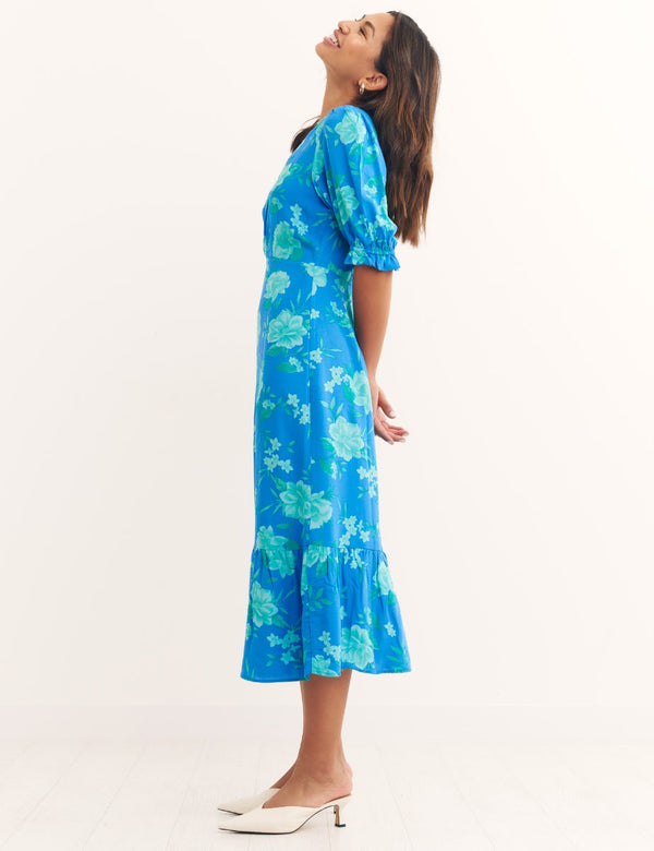 Blue and Green Ditsy Floral Short Sleeve Selena Midi Dress