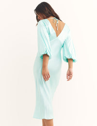 Light Blue Ciara V Neck Satin Midi Dress