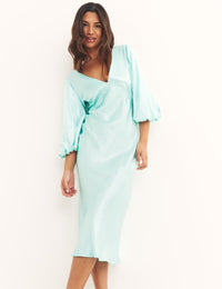 Light Blue Ciara V Neck Satin Midi Dress