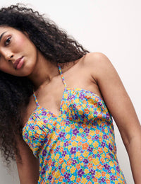 Retro Floral Halter Neck Garnet Midaxi Dress