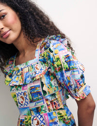 Postcard Print Frill Neck Cassidy Mini Dress